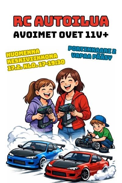 Juliste: RC-autoilua, avoimet ovet 11v+, Portinkaari 2, Aura, vapaa pääsy