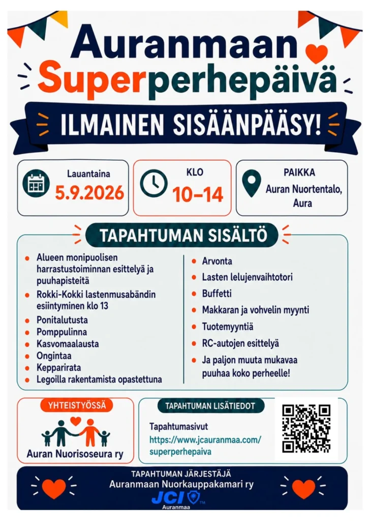 Auranmaan Superperhepäivän juliste: ohjelma, aikataulu ja järjestäjän tiedot