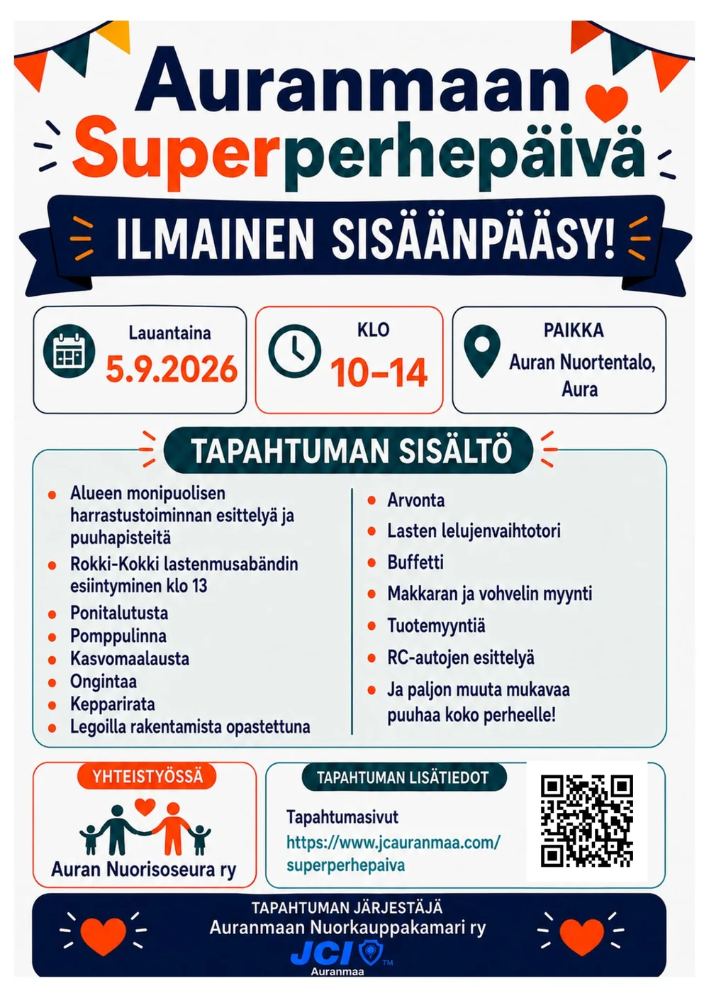 Auranmaan Superperhepäivän juliste: ohjelma, aikataulu ja järjestäjän tiedot