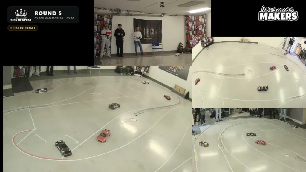 Kuvakaappaus King of Epoxy Round 5 -live-lähetyksestä: rata usealta kameralta ja lähetyksen Round 5 -grafiikka